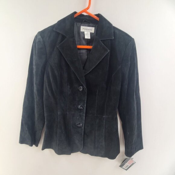 Preston & York NWT Genuine Leather Blazer Jacket Womens  Small Black Suede Pocke - Picture 1 of 9